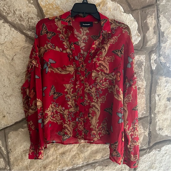 The Kooples Tops - SOLD 100% Silk The Kooples Butterfly and Ruffled leaf Silk Button Up Sheer Red B